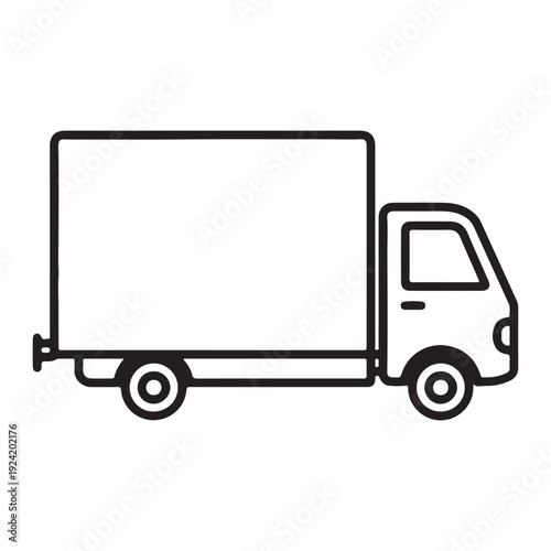 Simple line drawing of a delivery truck with a large box body and a small cab isolated on transparent background