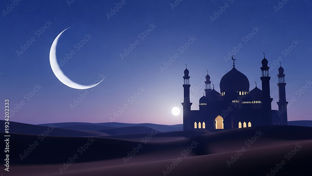 Obraz premium Crescent Moon and Mosque Silhouette at Night in Desert Landscape