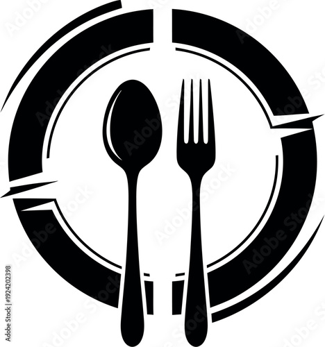 A stylized black and white logo featuring a fork and spoon inside a circular design