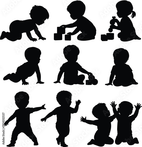 Baby toddler silhouette set playing crawling sitting standing learning activities child development stages illustration isolated on white background vector for early childhood education concept