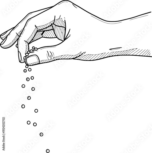 A hand is depicted in the act of dropping small, round objects from a container.