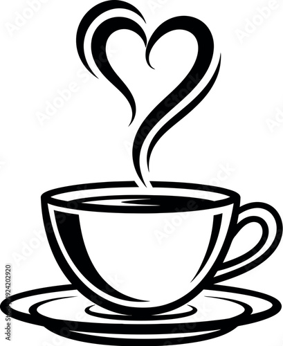 A steaming cup of coffee with a heart-shaped steam design rising from it.