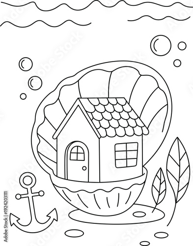 A charming little house nestled inside a giant seashell on the ocean floor with an anchor nearby home