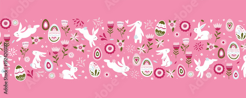 Cute hand drawn Easter horizontal seamless pattern with bunnies, flowers, easter eggs, beautiful background, great for Easter Cards, banner, textiles, wallpapers - vector design