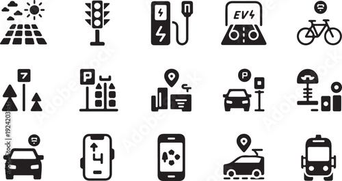 Black silhouette icons for smart city transportation and energy