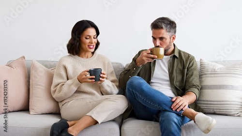 Couple sitting on a couch together smiling and holding coffee mugs in a relaxed indoor setting with pillows
