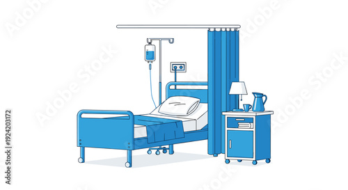 A blue and white illustration of a medical hospital bed stands equipped with an intravenous drip stand and a privacy curtain next to a cabinet.