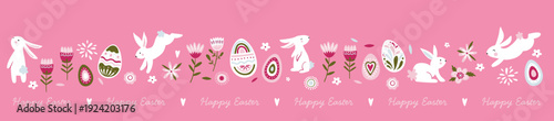 Cute hand drawn Easter horizontal seamless pattern with bunnies, flowers, easter eggs, beautiful background, great for Easter Cards, banner, textiles, wallpapers - vector design