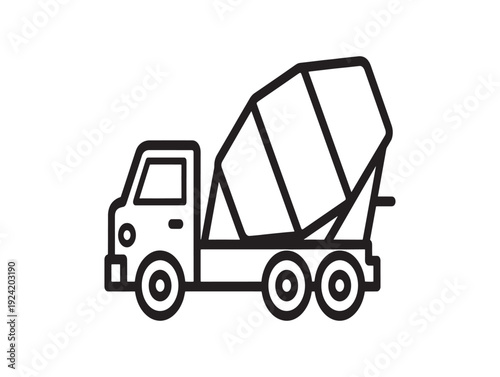 A black and white line drawing of a garbage truck with a raised dumpster