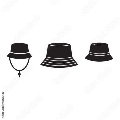 Three different black bucket hats with and without chin strap and stripes  isolated on white background