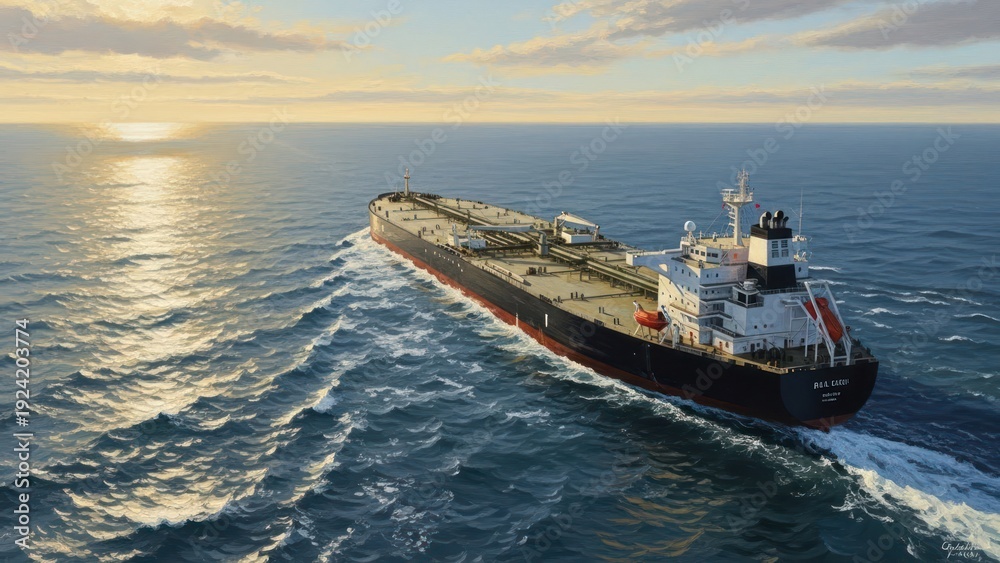 Fototapeta premium Large cargo ship sailing on the ocean under a clear sky during sunset