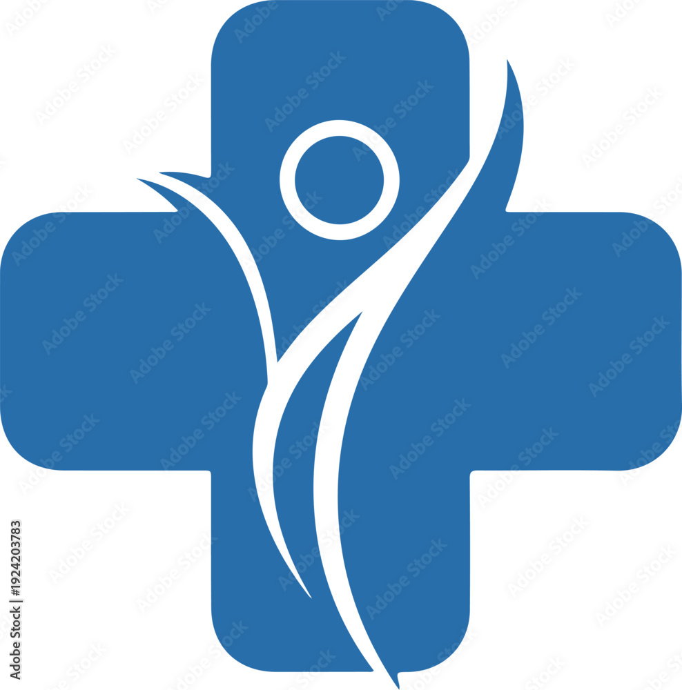 Obraz premium Medical blue cross logo with abstract human figure for healthcare pharmacy and hospital branding identity symbol with professional wellness design isolated on white art