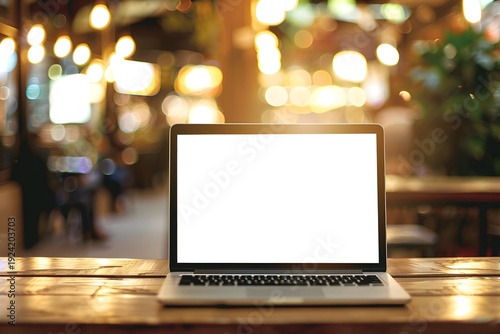 Laptop with blank screen on wooden table in modern cafe setting