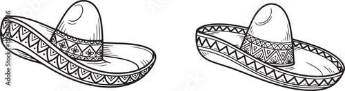 Mexican sombrero hats set with traditional ethnic patterns and decorative embroidery details for fiesta celebration and cultural events illustration on transparent grid