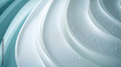 A close-up view of a white, curved surface with small, scattered dots.