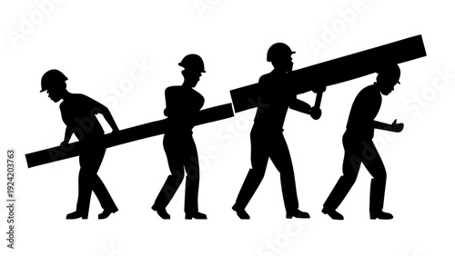 Construction Workers Carrying Heavy Beam Teamwork Silhouette Vector