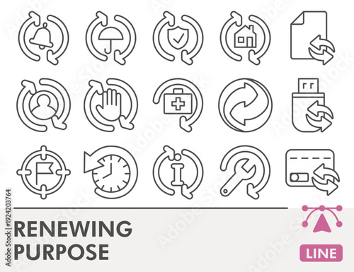 Renewing purpose symbols collection or sketches, refresh and recycle theme in outline style signs for web and app. Vector graphics, editable stroke icons isolated on white background.