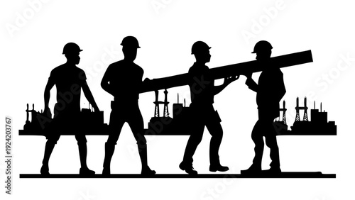 Construction Workers Carrying Heavy Beam Teamwork Silhouette Vector