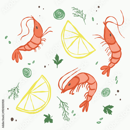 Naive ink style shrimp lemon and fresh herbs on pale green background