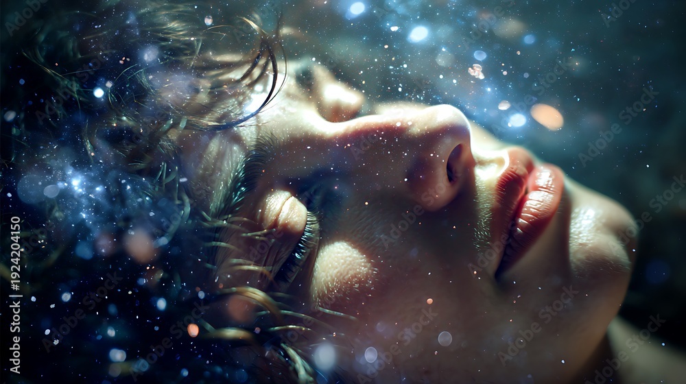Fototapeta premium sleeping woman floating in zero gravity, her hair blending into galaxies and shooting stars, dreamlike cosmic clouds surrounding her, surreal light beams from stars illuminating her face, high-detail