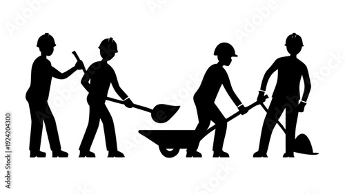 Construction Workers Team Working with Tools Vector Silhouette