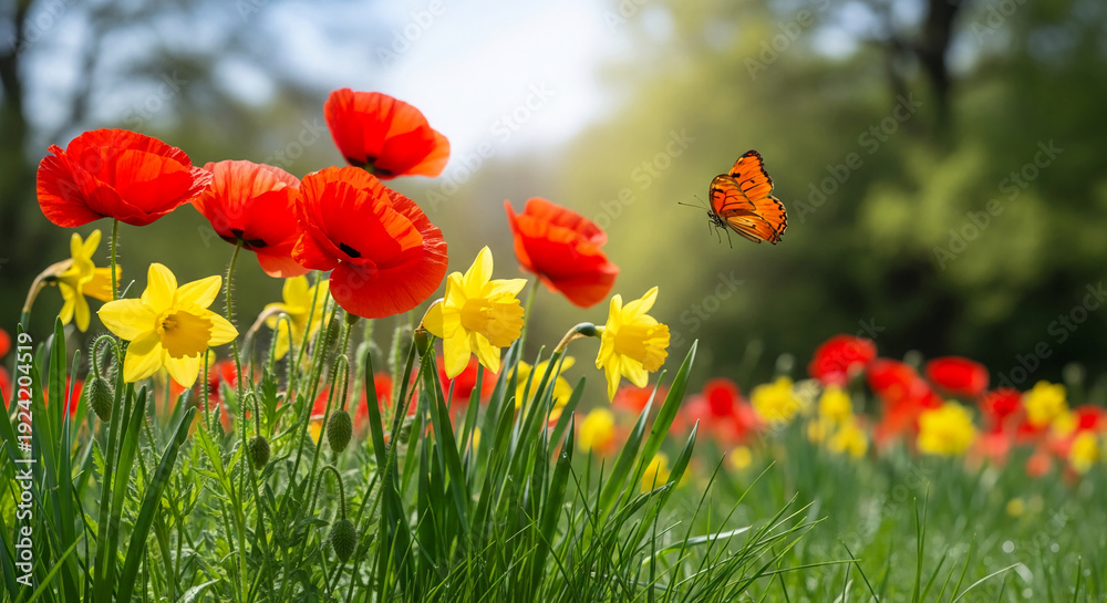 Obraz premium Field of red poppy and yellow daffodil, orange butterfly. Represents nature's beauty, vibrant color and life cycle, perfect for spring or summer concepts