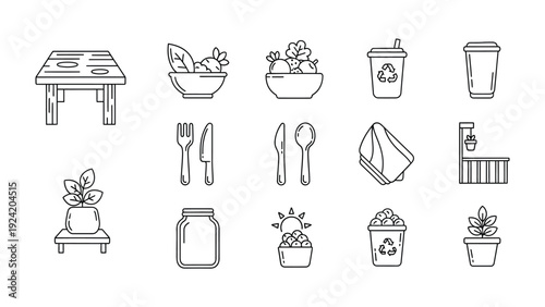 Minimalist Dining Illustration: A collection of simple, line-drawn icons depicting various dining and food-related items, offering a clean, modern aesthetic. 