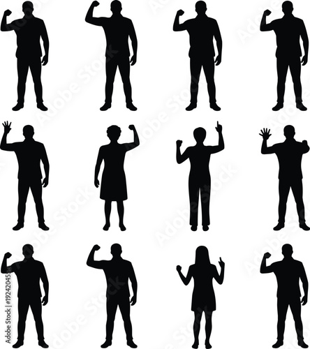 Set of people silhouettes showing hand gestures, waving and flexing arms isolated on white background, black human figure vector illustration collection.