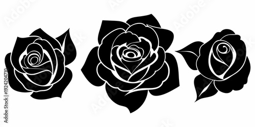 set of three black rose flower silhouette vector illustrations