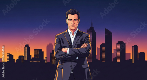 Confident businessman standing with arms crossed in front of a city skyline at sunset with a modern skyscraper background