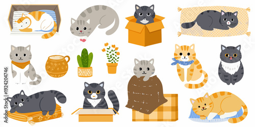 Collection of adorable cartoon cats with plants and cozy accessories