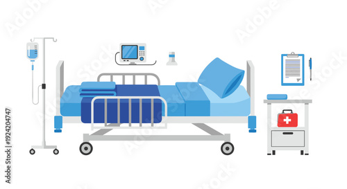 A flat vector illustration of an adjustable hospital bed with blue linens sits surrounded by a medical monitor and a utility cart with a kit.