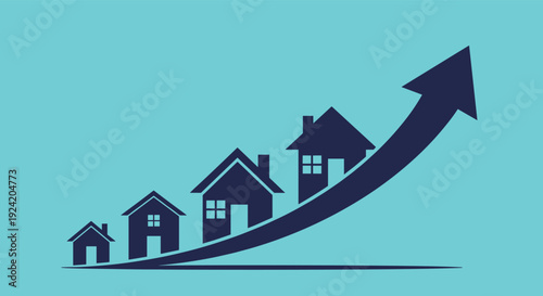 Real estate market growth illustrated by a row of houses on an upward trending arrow indicating increasing property values over time.