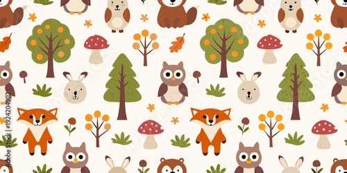 A charming seamless pattern featuring forest animals and autumnal foliage
