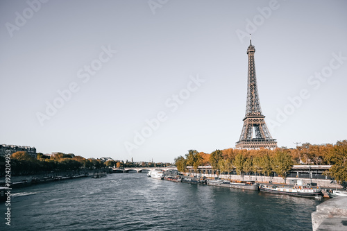 The Eiffel Tower along the River Seine in Paris, France.