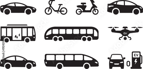 Black silhouette icons of various vehicles and electric charging station
