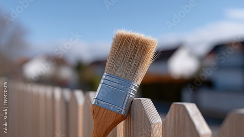 Pinselauftrag zum Beizen von Gartenzaunpaneelen im sonnigen Hinterhof für eine Hausrenovierung
