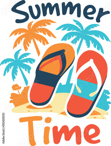 Summer beach flip flops with palm trees, tropical sand scene colorful holiday vacation vector design