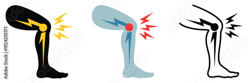 Knee pain medical illustration featuring human leg icons in varied styles, vector illustrations representing joint discomfort, arthritis, inflammation, injury, medical treatment, healthcare, and 