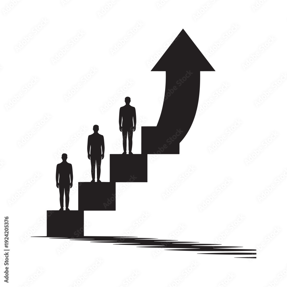 Fototapeta premium Silhouette of people ascending steps forming an upward pointing arrow