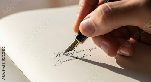 Close up of hand writing with fountain pen on white paper