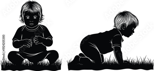 Black silhouette of two toddlers on grass children kids