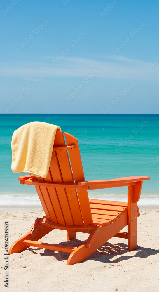Naklejka premium Orange beach chair with a pale yellow towel on sandy beach, representing relaxation and vacation, ideal for promoting holidays or calm atmosphere