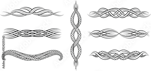 Black and white decorative ornamental dividers and borders with interwoven lines and rope textures