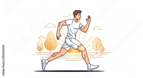 Man jogging in a park at sunrise running through trees and sunny landscape