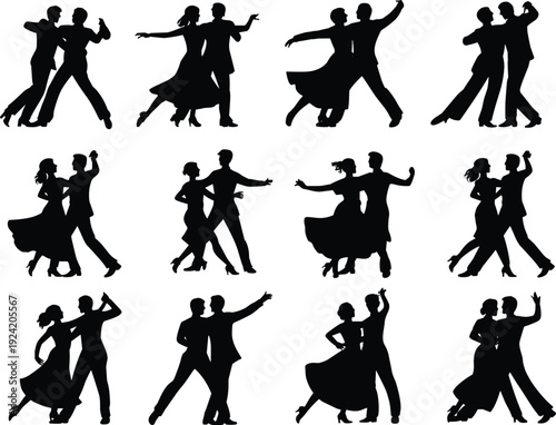 Ballroom Dance Couple Silhouettes Set, Elegant Men and Women Performing Waltz and Tango Isolated on White Background, Black Vector Illustration for Dance and Romance Concept