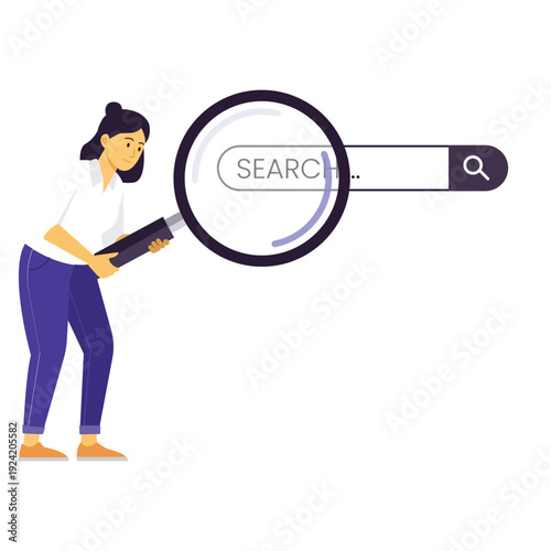 A cartoon woman searches online with a magnifying glass and a book in hand