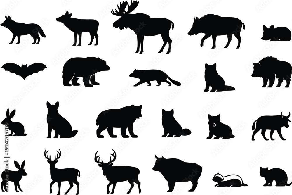 Fototapeta premium Wild animal silhouettes collection, fox, deer, moose, bear, cat, dog, rabbit, bison, bat, ox, donkey, skunk, wildlife vector illustration