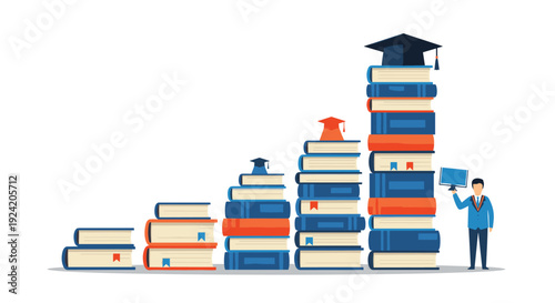Educational progression shown through increasing stacks of books with graduation caps and a student holding a diploma or certificate.