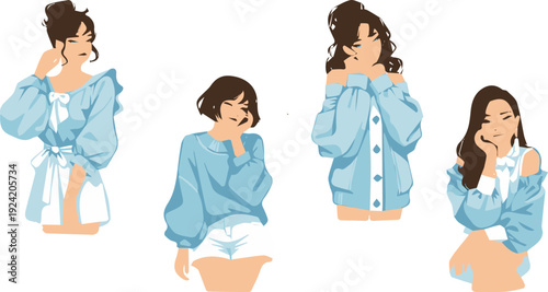 Stylish women avatar set in blue casual outfits, modern female characters flat fashion vector collection